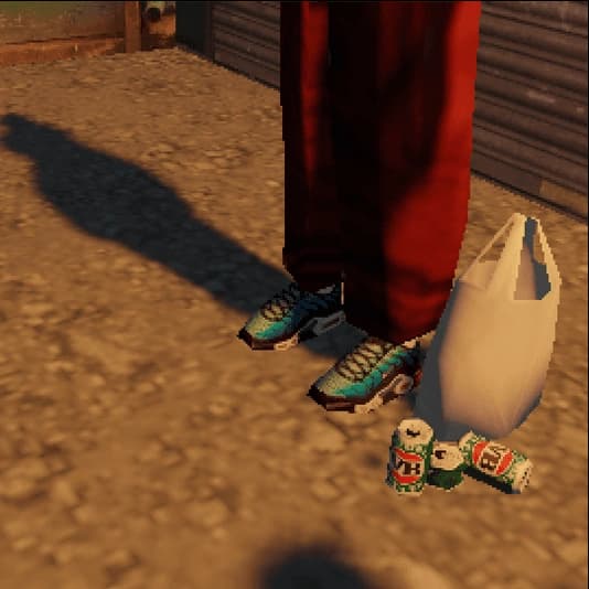 PS1-style render of shark blue TNs, VB cans and plastic bag representing Australian eshay culture